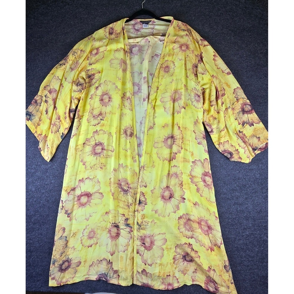 CITRON Santa Monica Yellow Floral Silk Rayon Kimono Cardigan Duster Size L